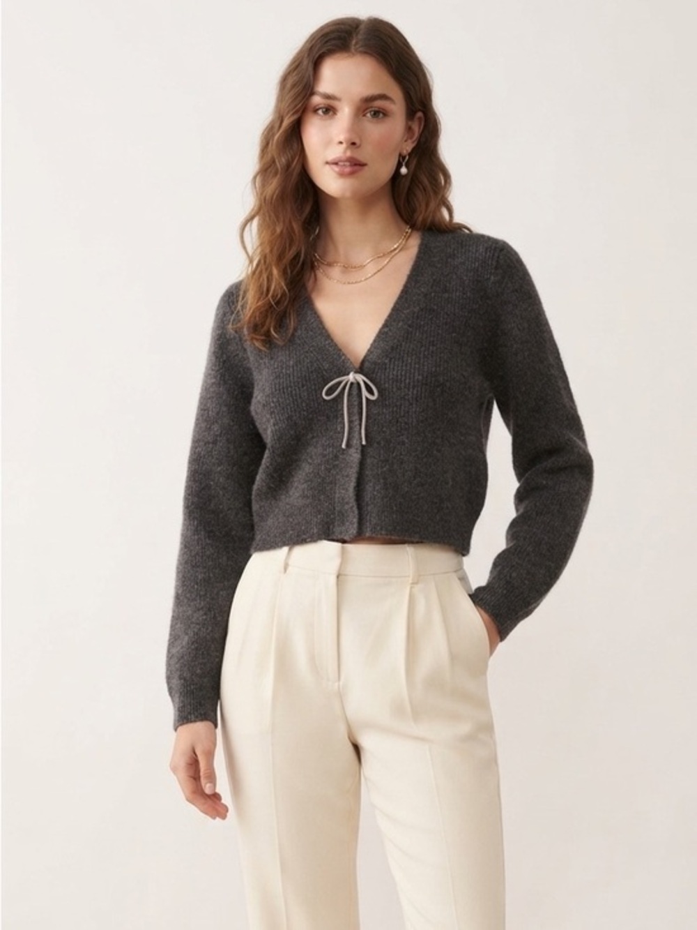 New H&M Wool Blend Grey Bow Front Cropped Ribbed Sweater Size Small